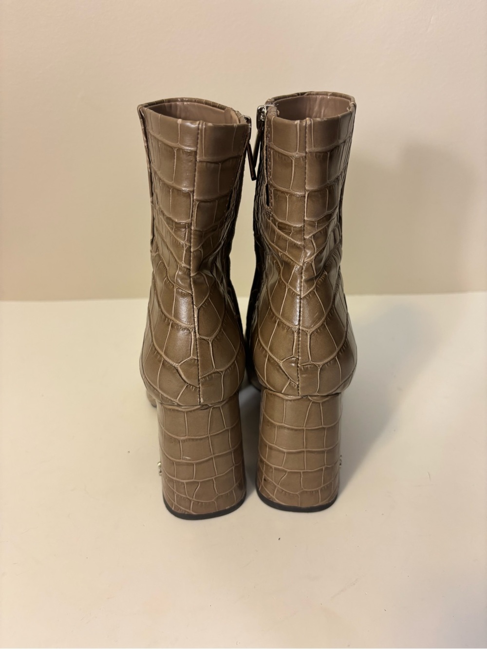 Sam Edelman Croc-Embossed Block Heel Mid Calf Booties - Taupe Women’s 8 - Picture 3 of 7